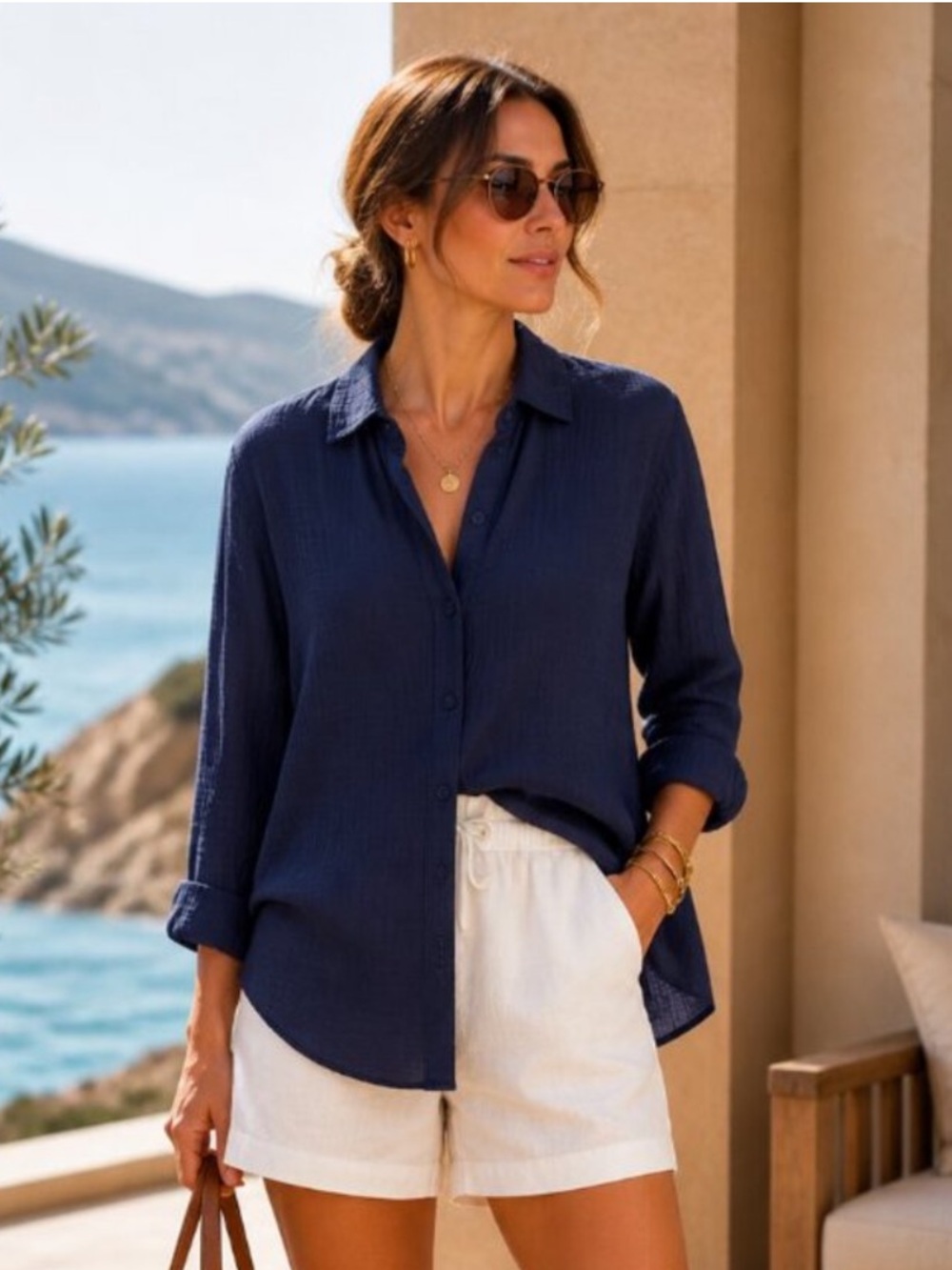 Splendid Navy Blue Cotton Gauze Lightweight Relaxed Button Down Shirt Size S NEW - Picture 2 of 5